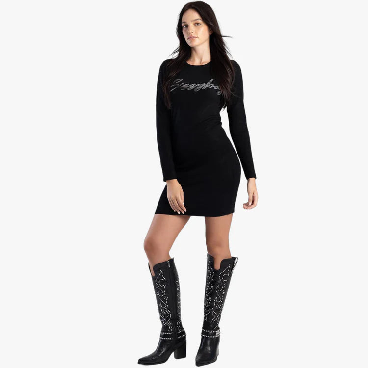 Fitted Rib Knit Bling Logo Dress - Black