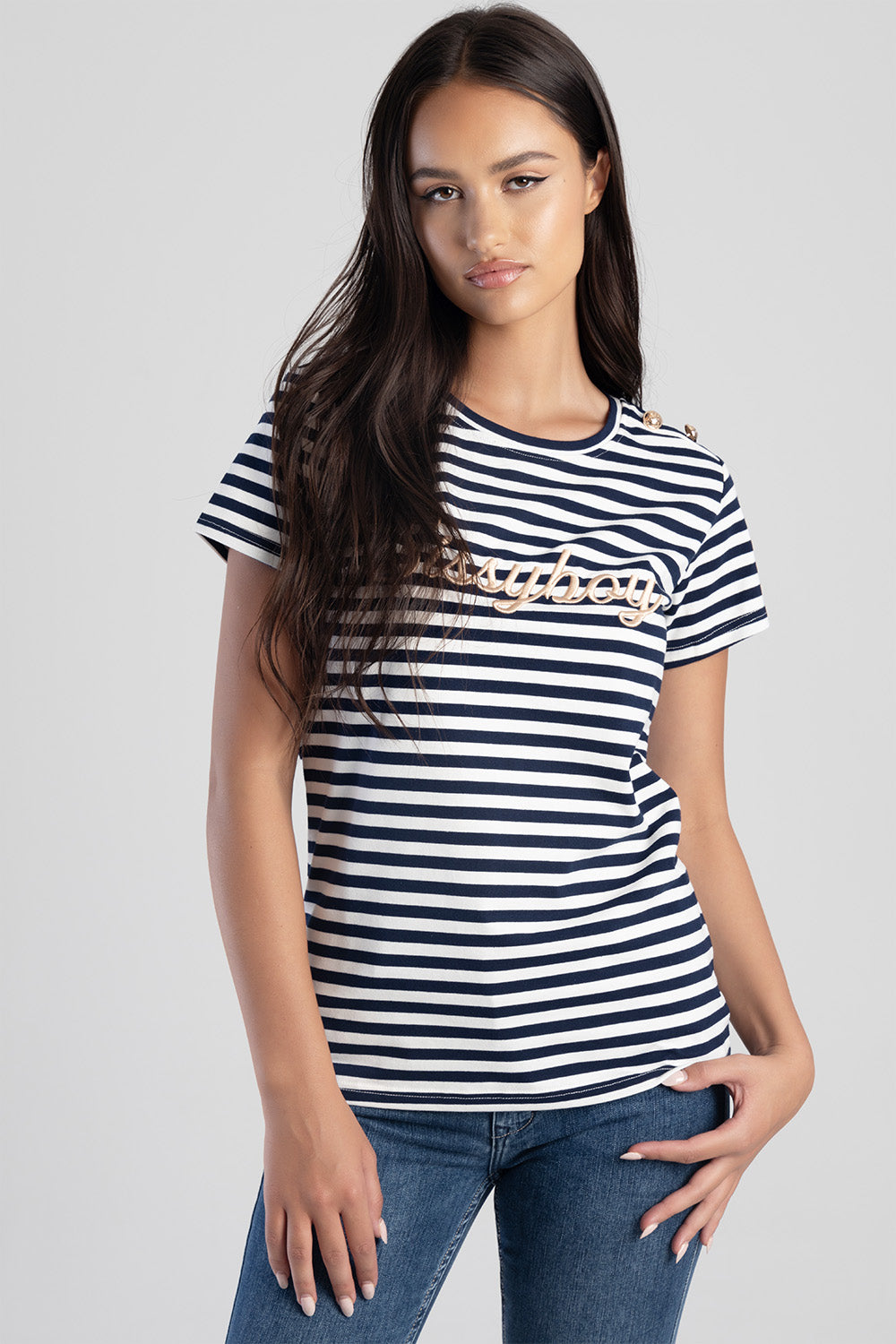 Stripe Tee With Raised Embroidery - Navy/White