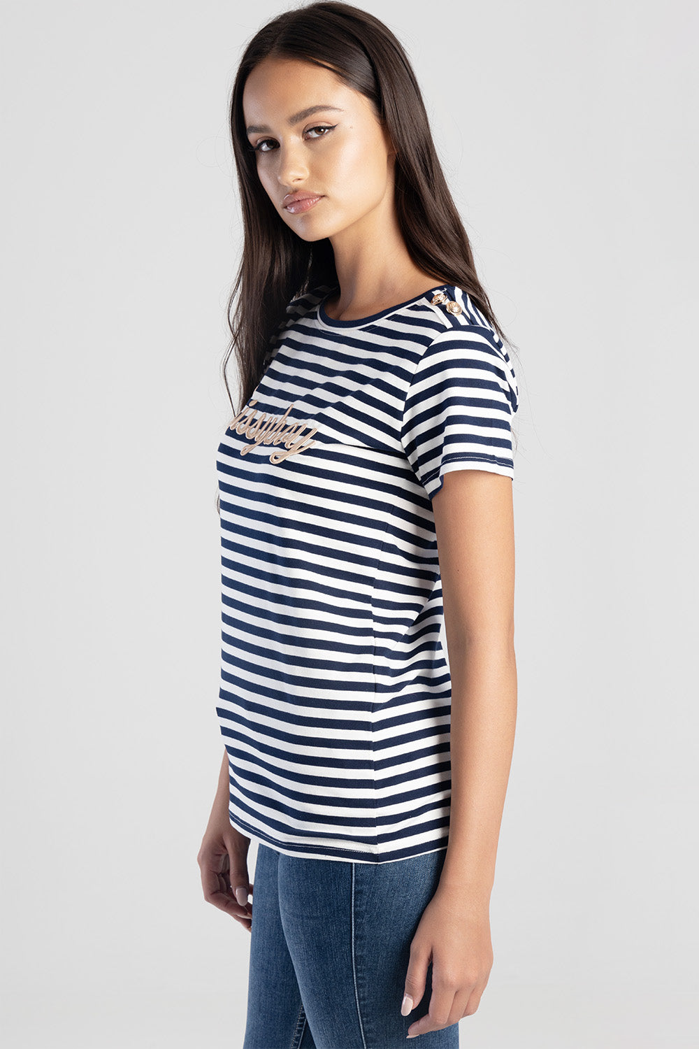 Stripe Tee With Raised Embroidery - Navy/White