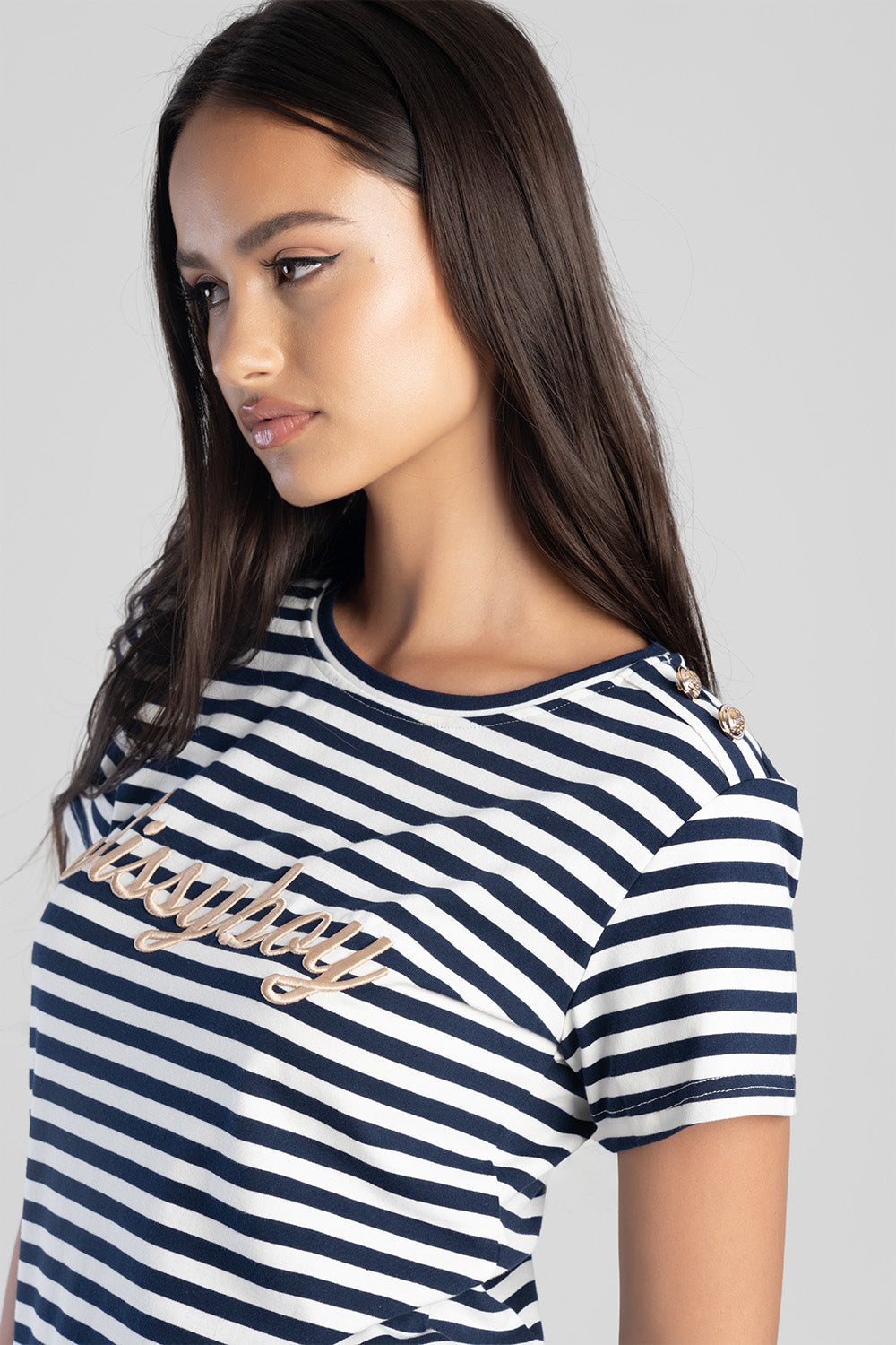 Stripe Tee With Raised Embroidery - Navy/White