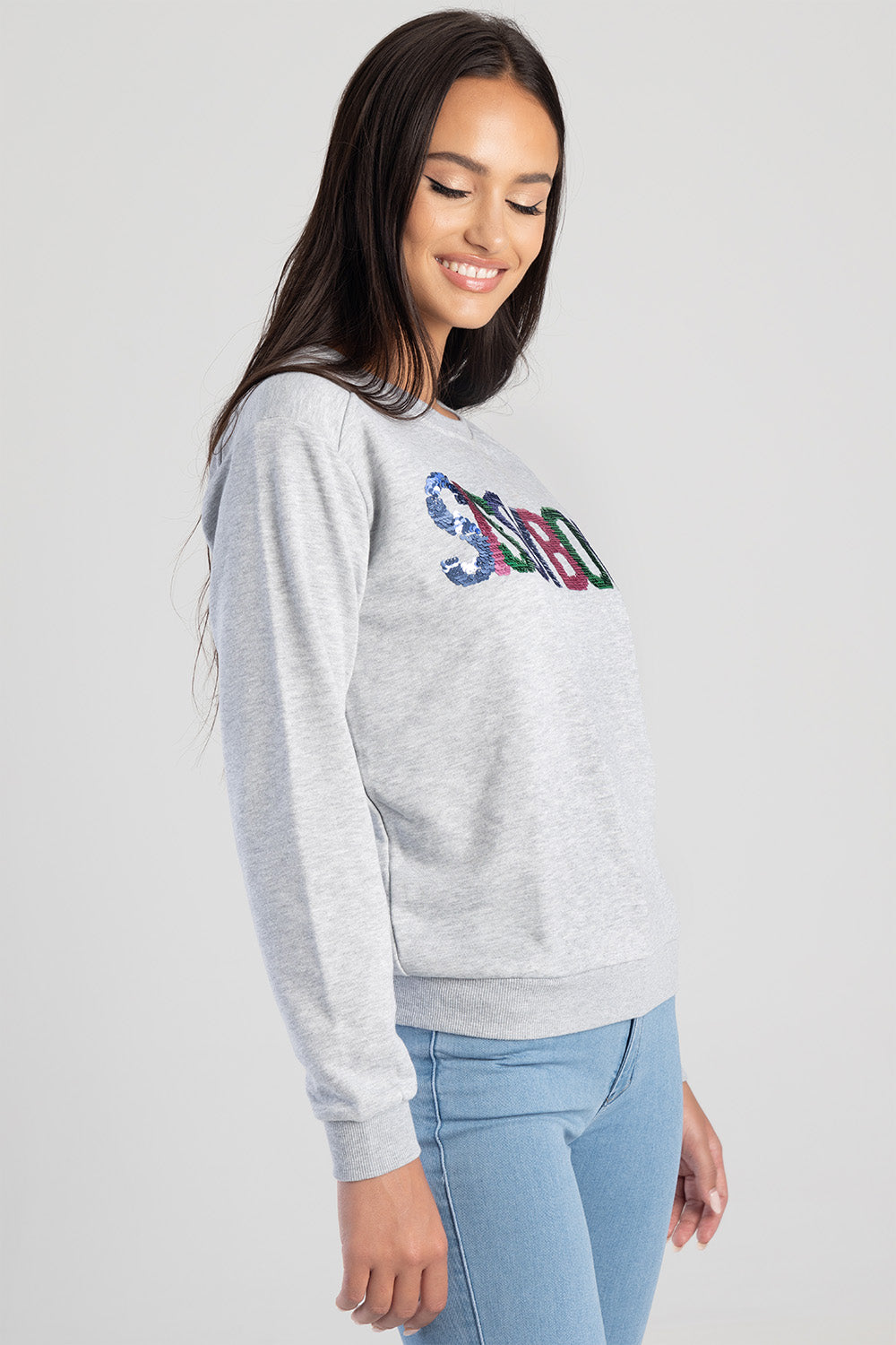 Sequin Logo Sweat Top With Shoulder Pads - Grey Melange