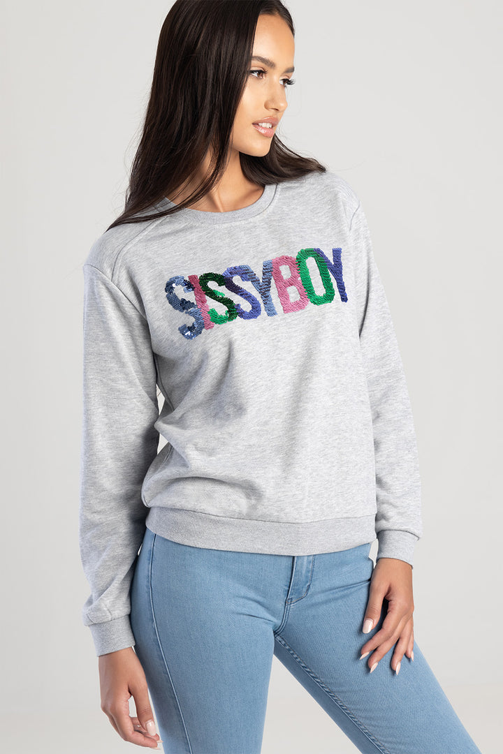 Sequin Logo Sweat Top With Shoulder Pads - Grey Melange