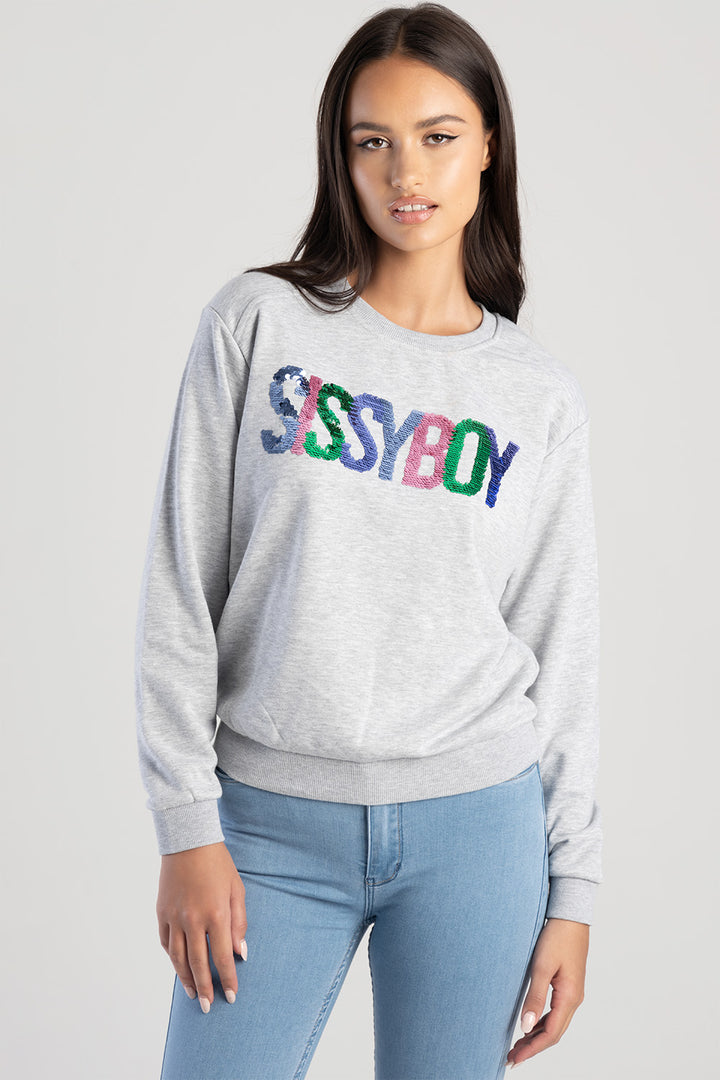 Sequin Logo Sweat Top With Shoulder Pads - Grey Melange