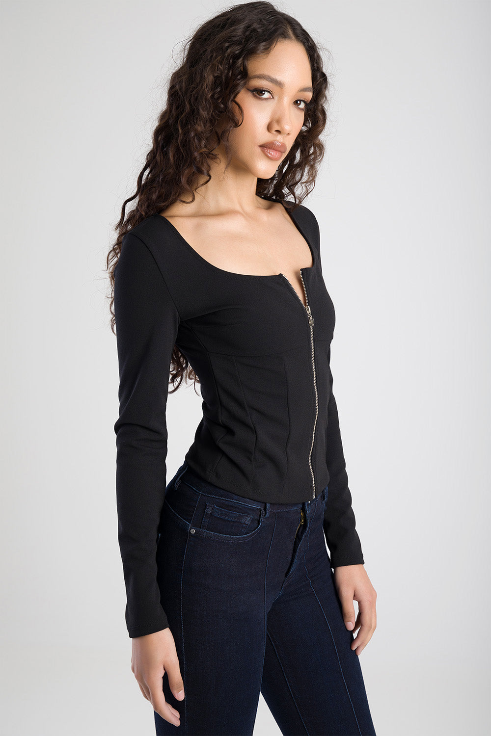 Zip Through Top With Panel Detailing - Black