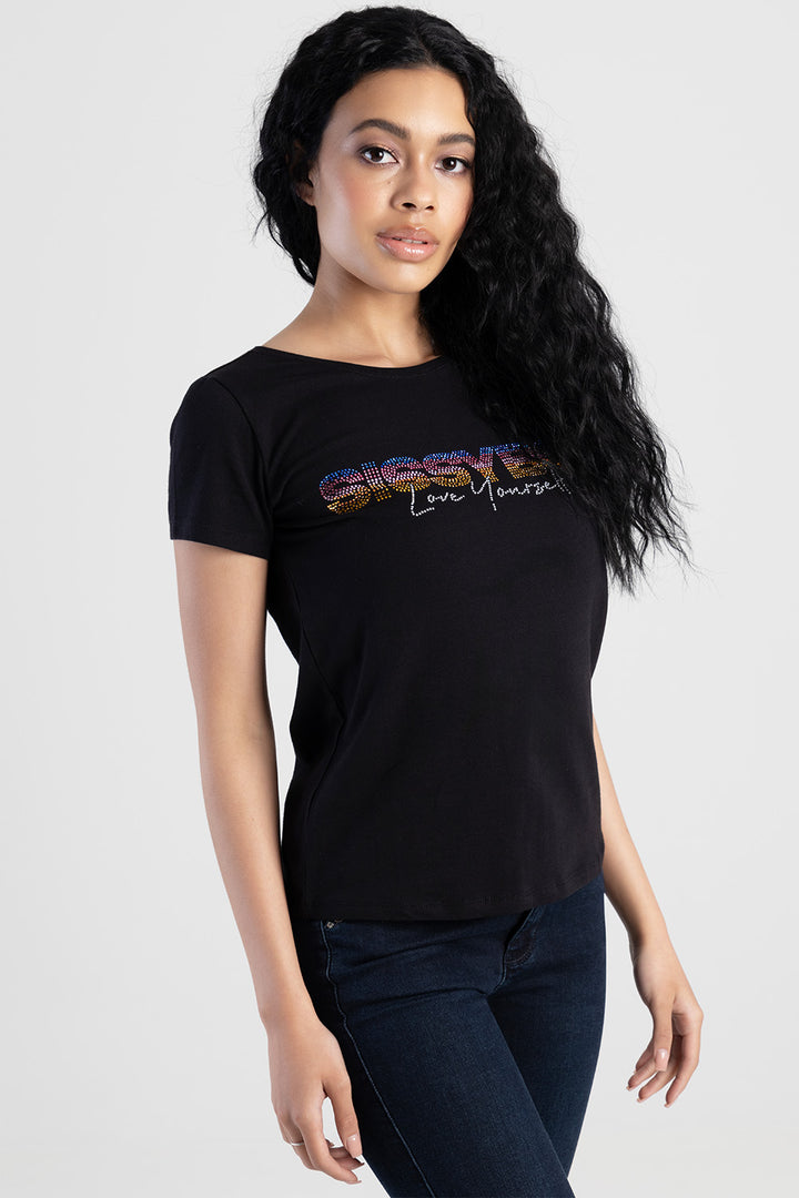 Regular Fit V-Neck Multi-Technique Logo Top - Black