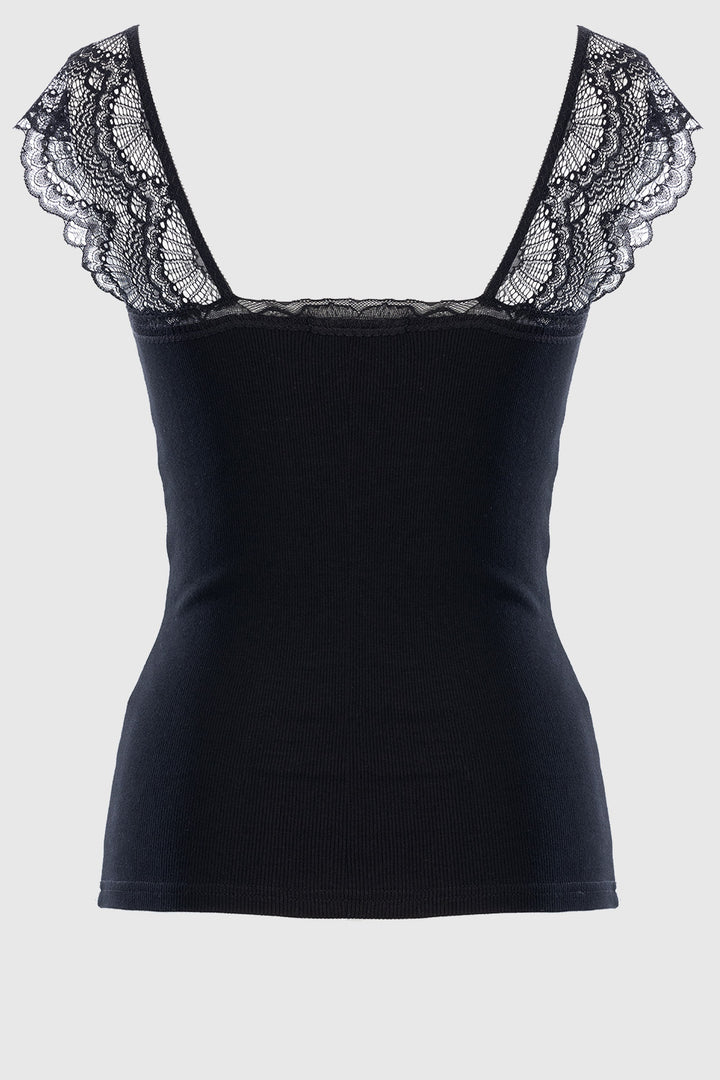 Bling Detail Lace Strap Vest - Black