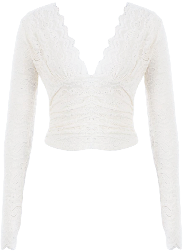 V-Neck Long Sleeve Top With Ruching - Off White