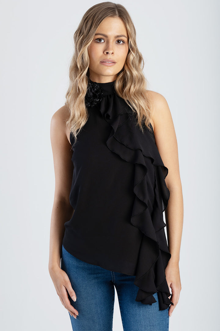 Ruffle Detail Halter Neck Top - Black