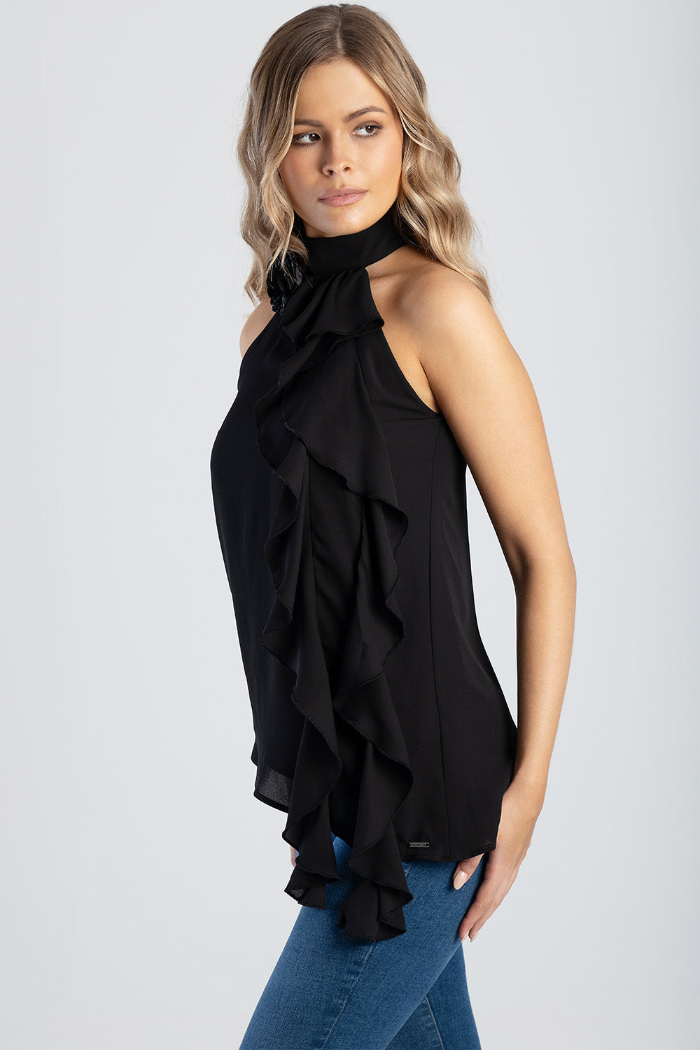 Ruffle Detail Halter Neck Top - Black