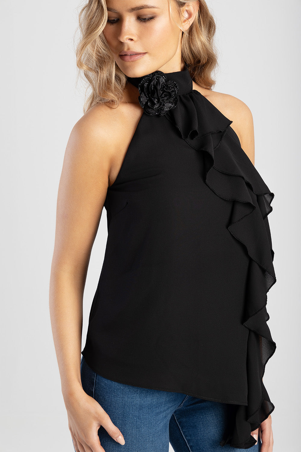 Ruffle Detail Halter Neck Top - Black