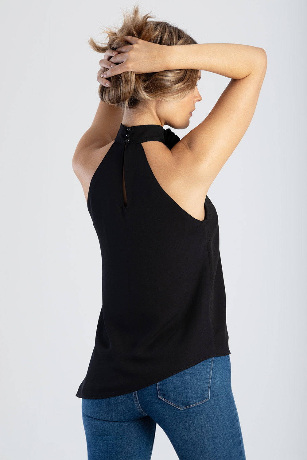 Ruffle Detail Halter Neck Top - Black