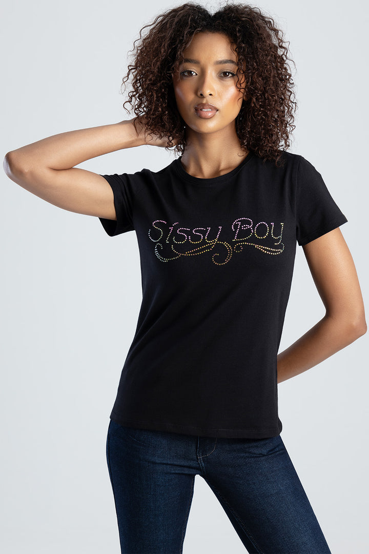 Regular Fit Colorful Bling Logo Top - Black