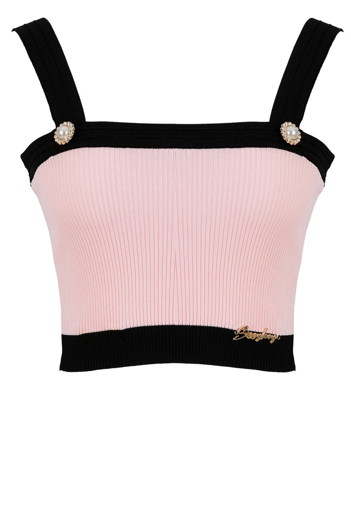 Button Detail Strappy Knit Top - Light Pink