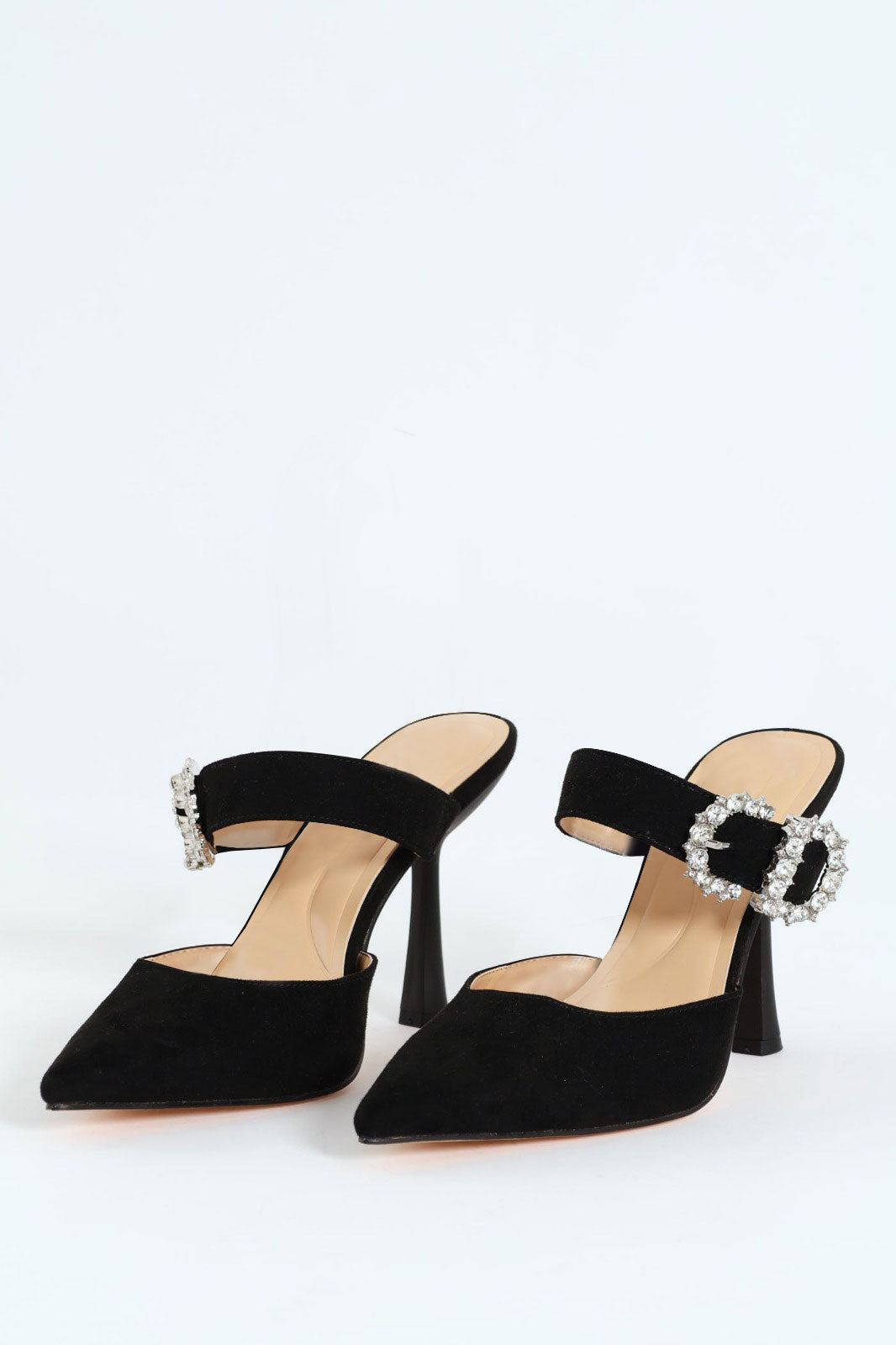 Diamante Crusted Buckle Strap Mule Heel - Black