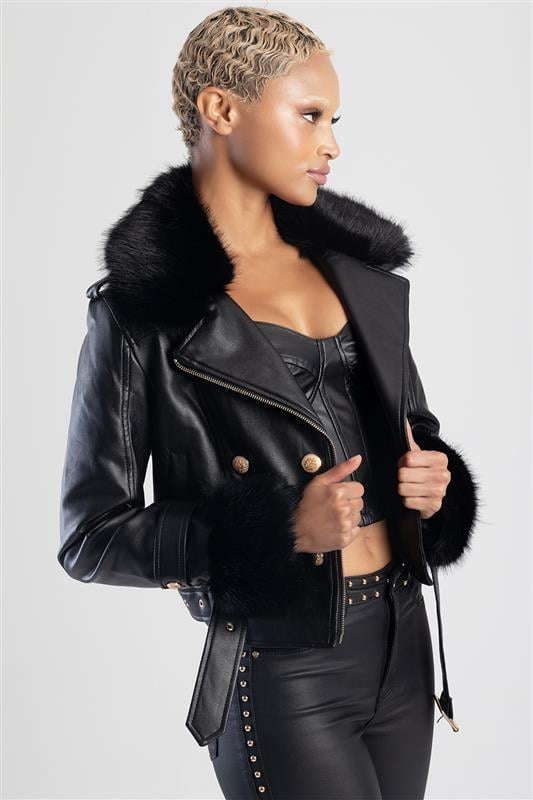 Amelia Flight Jacket With Fur Trims - Black