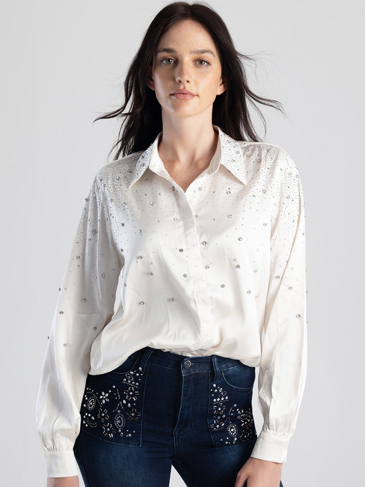 Long Sleeve Satin Shirt With Scattered Diamante Trim - Cream