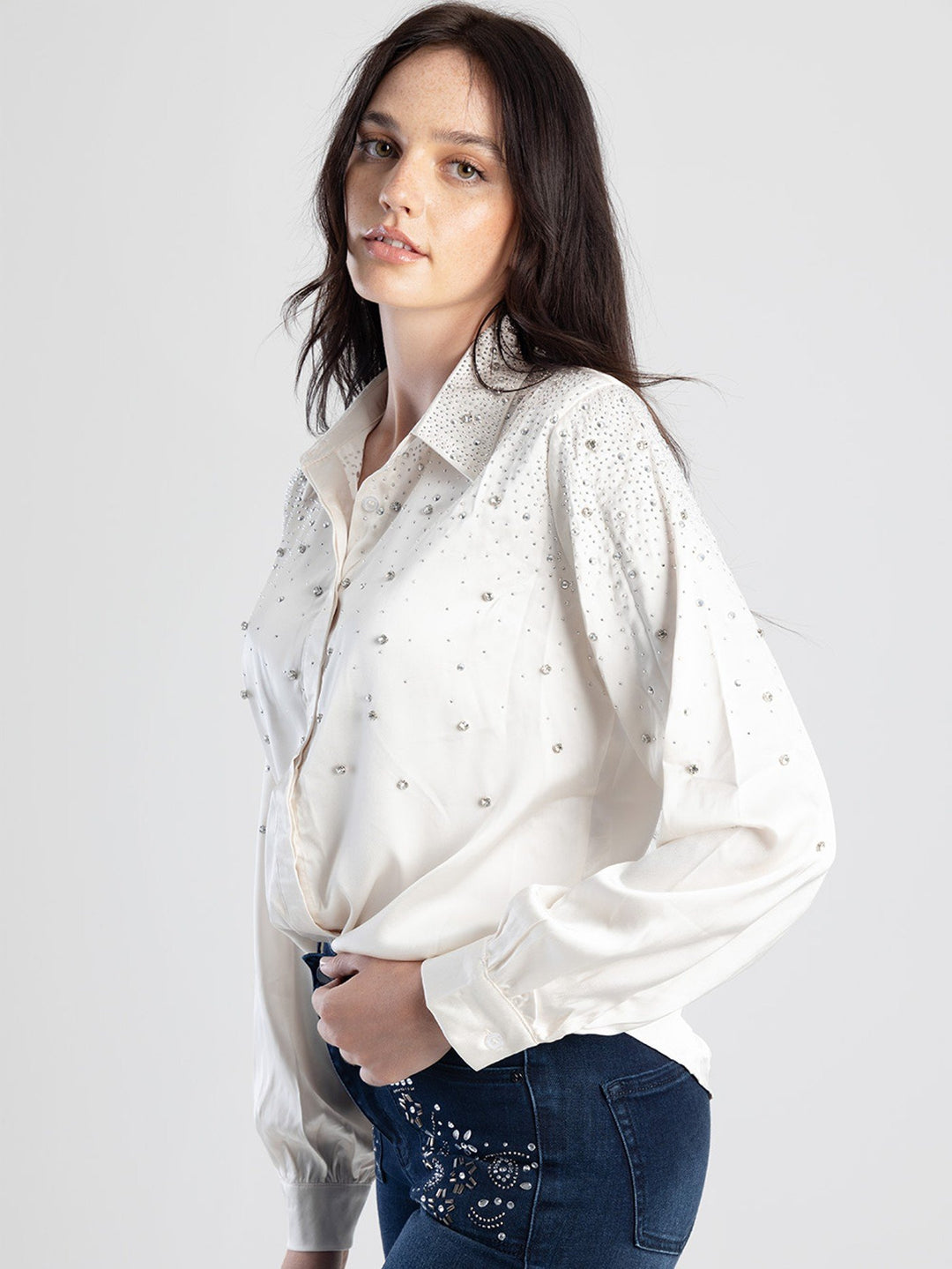 Long Sleeve Satin Shirt With Scattered Diamante Trim - Cream