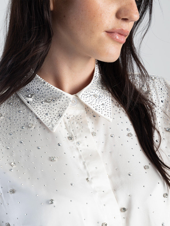 Long Sleeve Satin Shirt With Scattered Diamante Trim - Cream