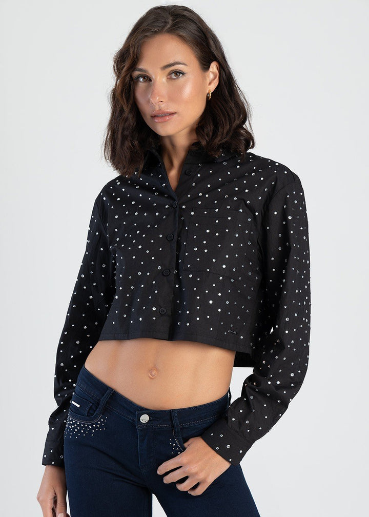 Long Sleeve Poplin Button Through Shirt With Diamante Trim - Black