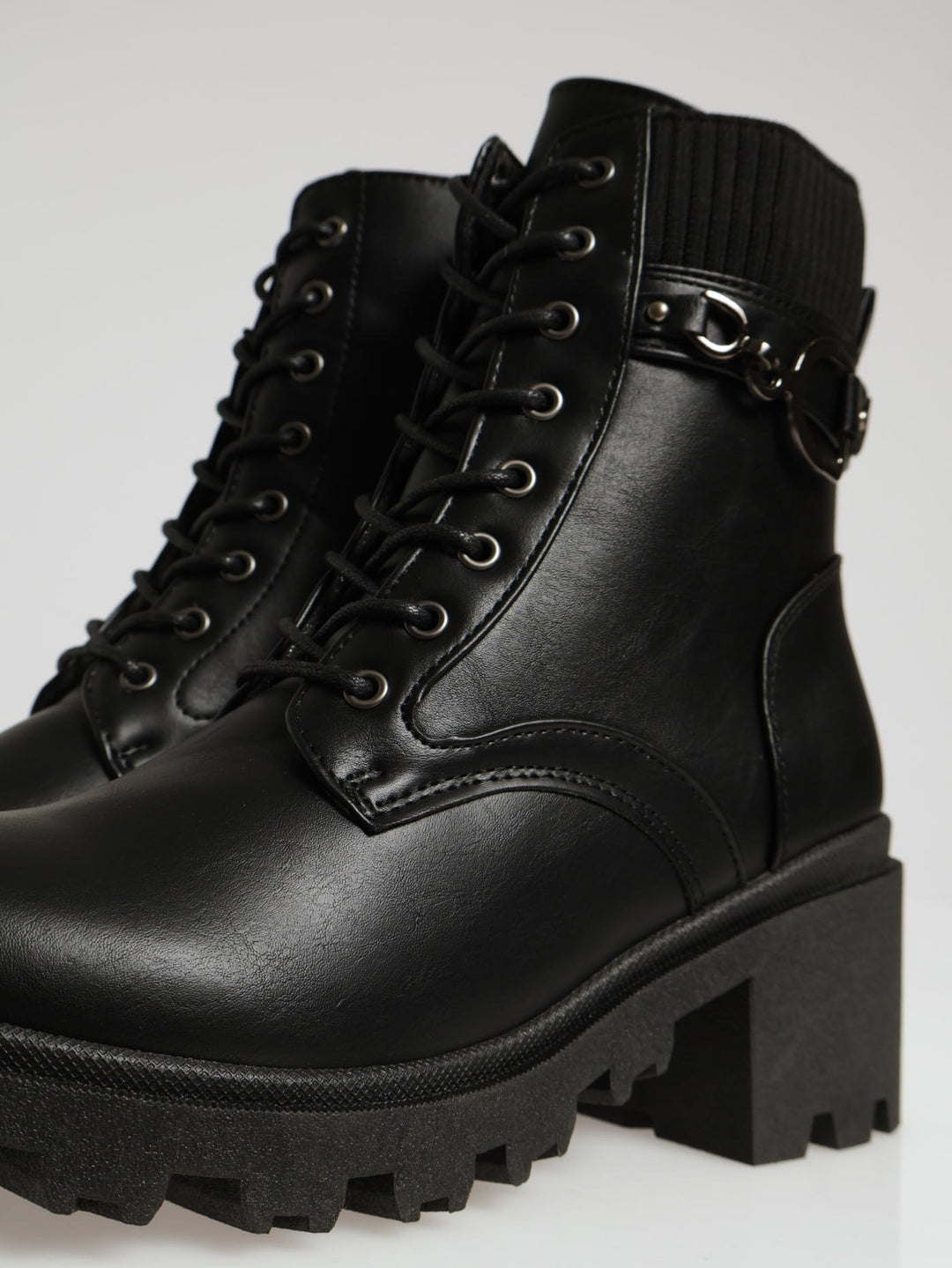 Chunky Military Boot With Sock Detail & Belt Trim - Black