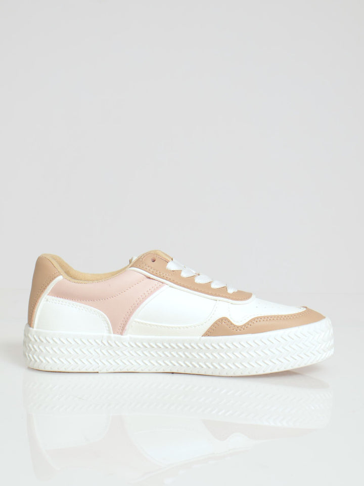 Rae Panelled Platform Lace Up Sneaker - White/Beige