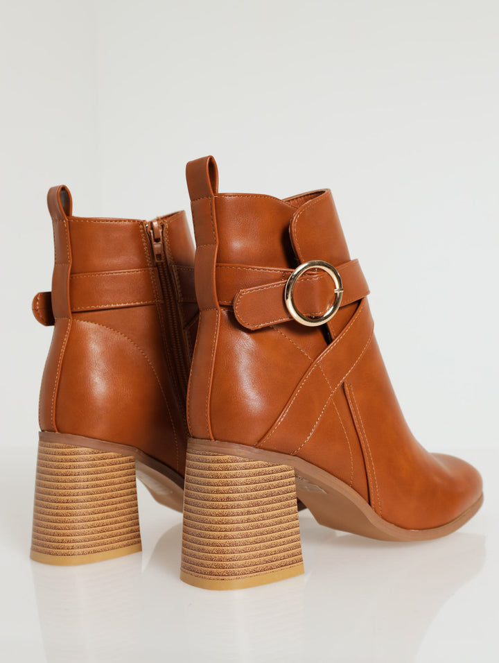 Round Toe Buckle Ankle Boot - Tan
