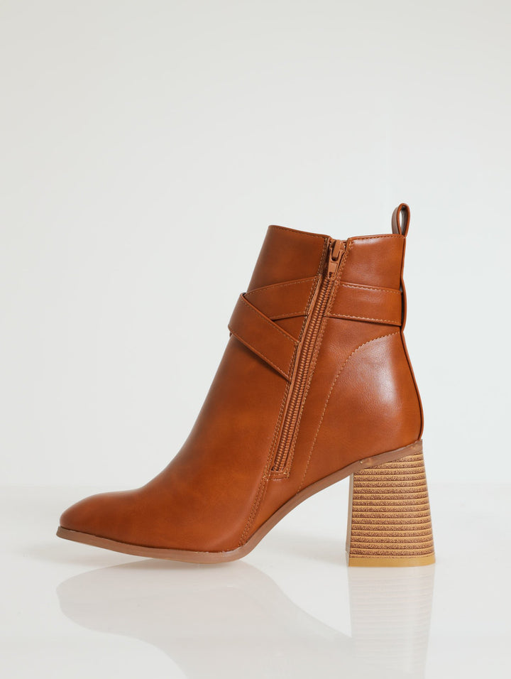 Round Toe Buckle Ankle Boot - Tan