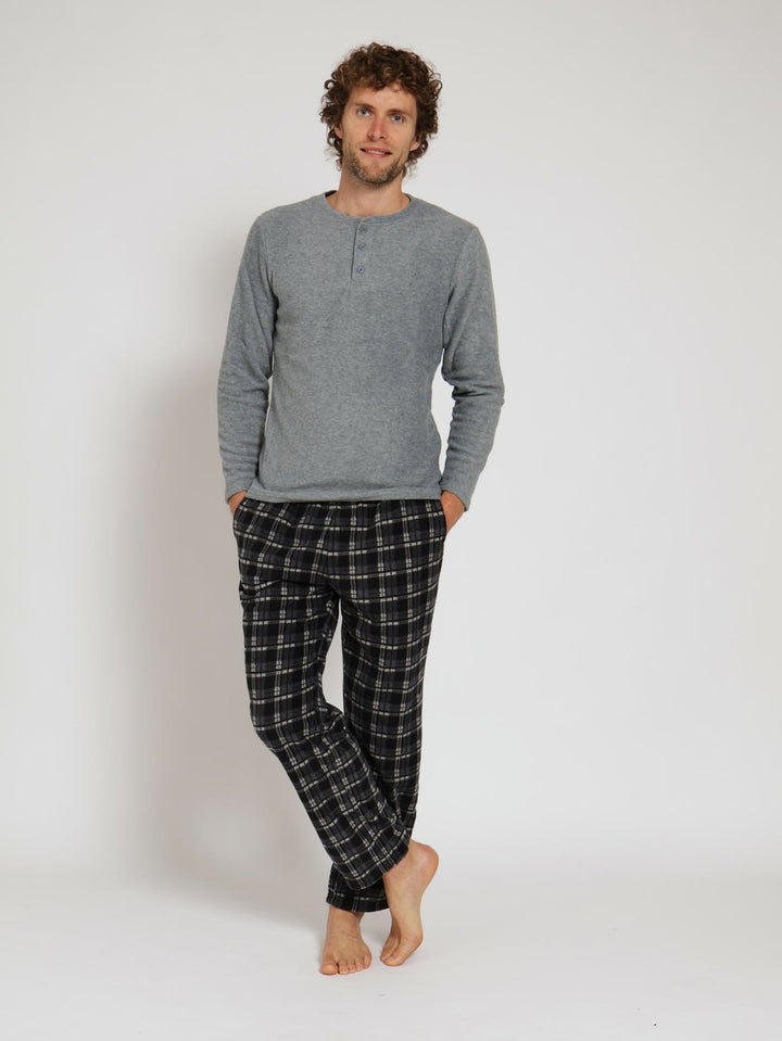 Long Sleeve Polar Fleece Pj Top & Check Pants - Black/Grey