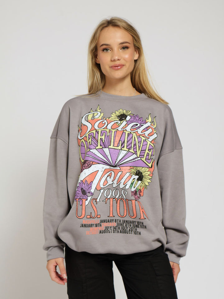 Tour Print Oversized Crew Top - Grey