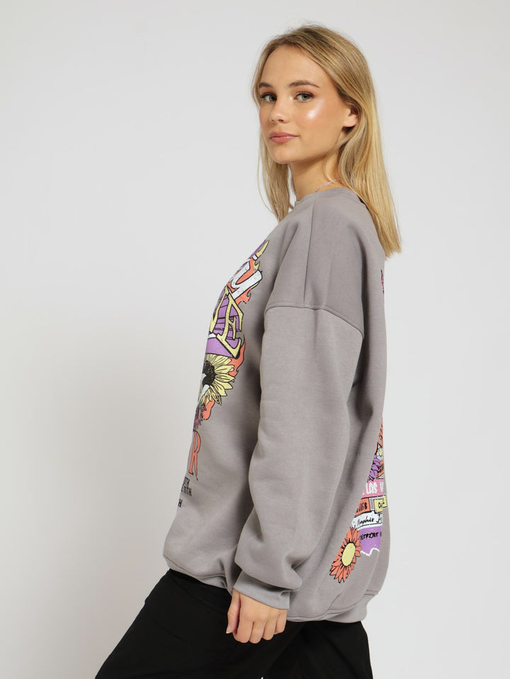 Tour Print Oversized Crew Top - Grey