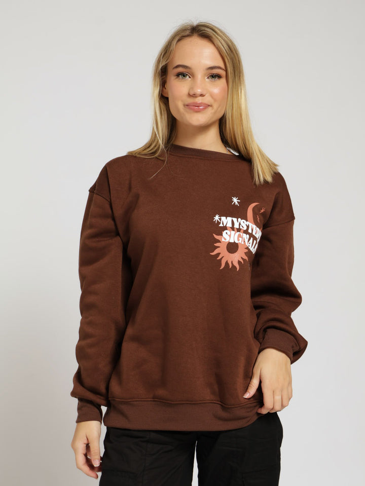 Oversized Crew Fleece Top - Brown