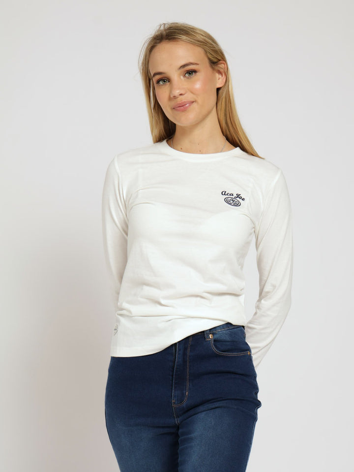 Long Sleeve Twill Embroidered Badge Crew Tee - Snow White