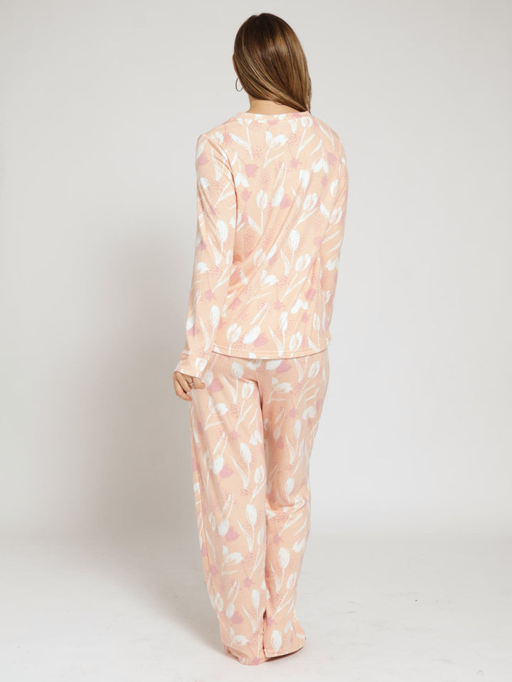 Long Sleeve Pj Flower Top & Pant Set - Pink