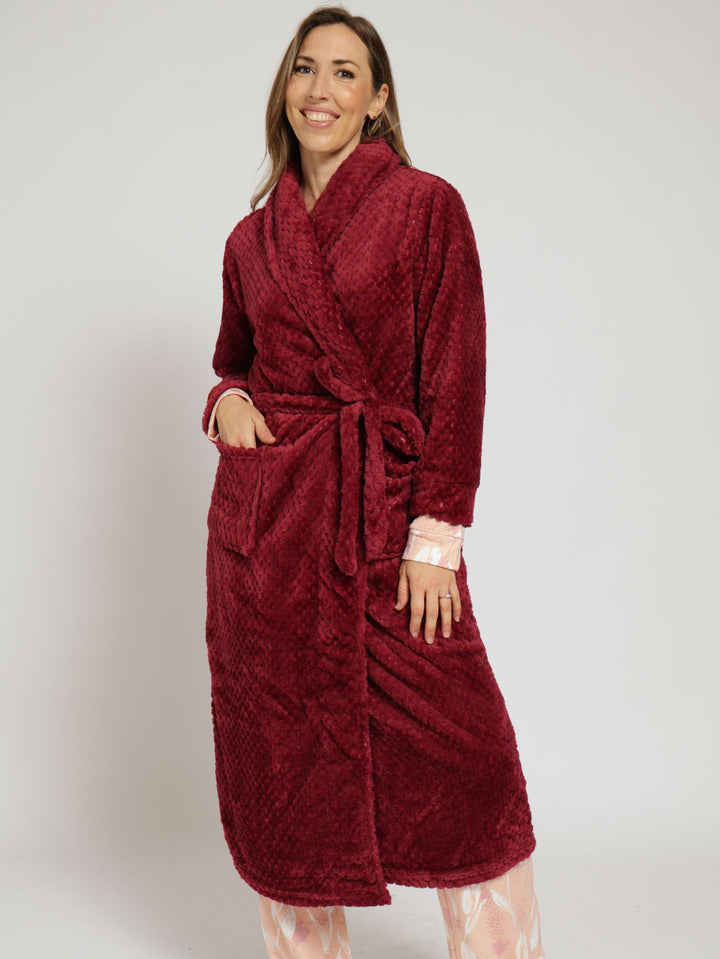 Waffle Textured Fluffy Gown - Burgundy