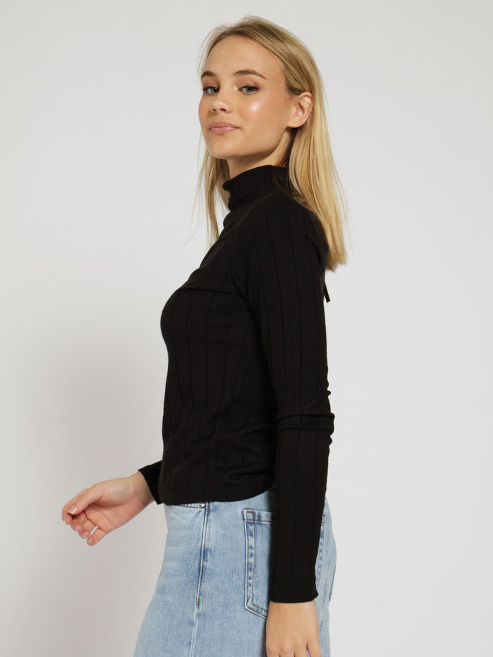 Eliza Rib Funnel Neck Top - Black