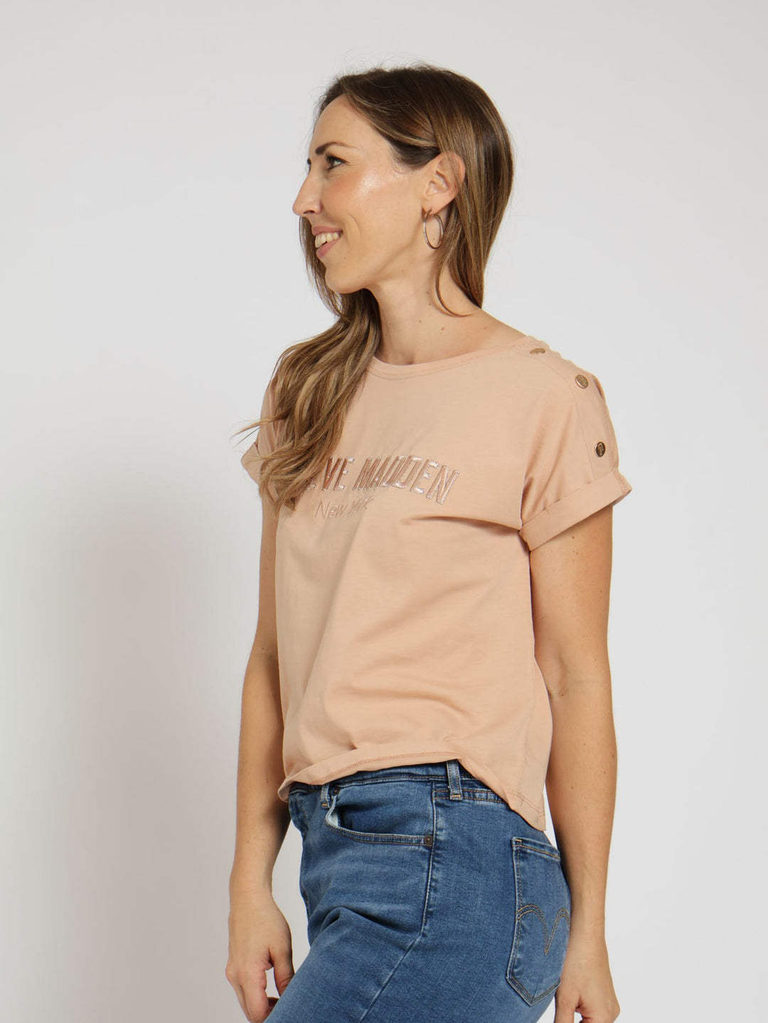 Diana Boxy Logo Tee With Shoulder Poppers - Fawn
