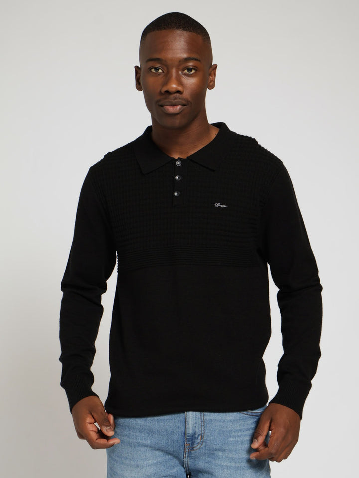 Long Sleeve Jacquard Golfer Pullover - Black