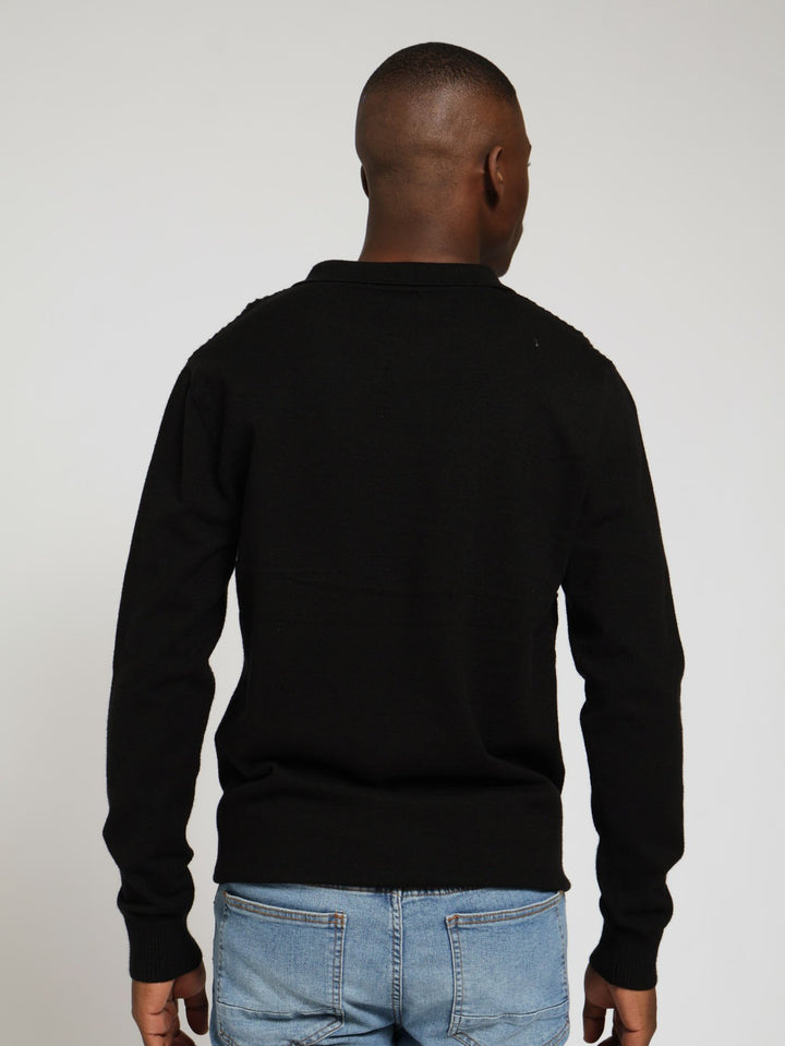 Long Sleeve Jacquard Golfer Pullover - Black