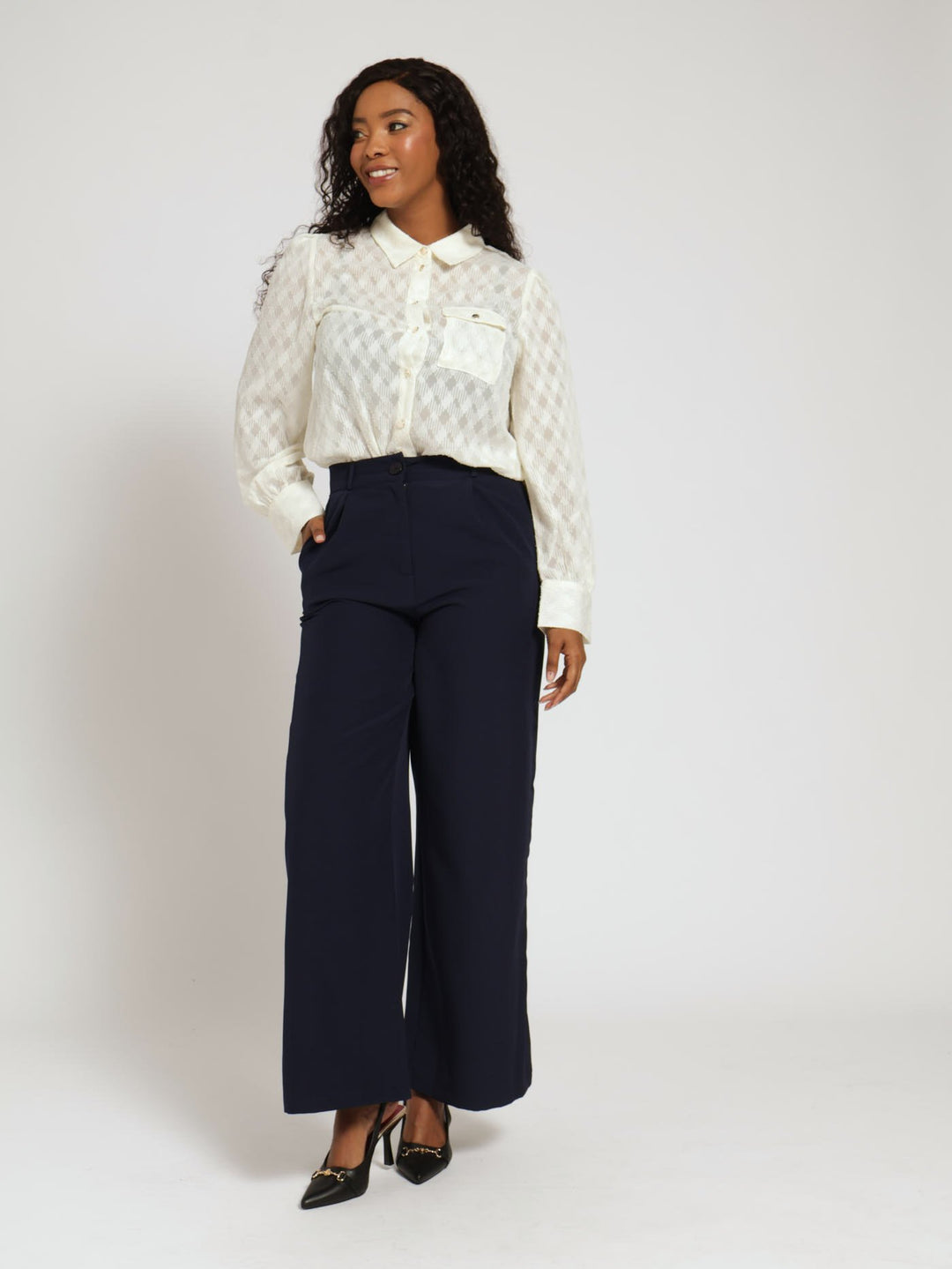 Pleated Wide Leg Formal Pants - Navy