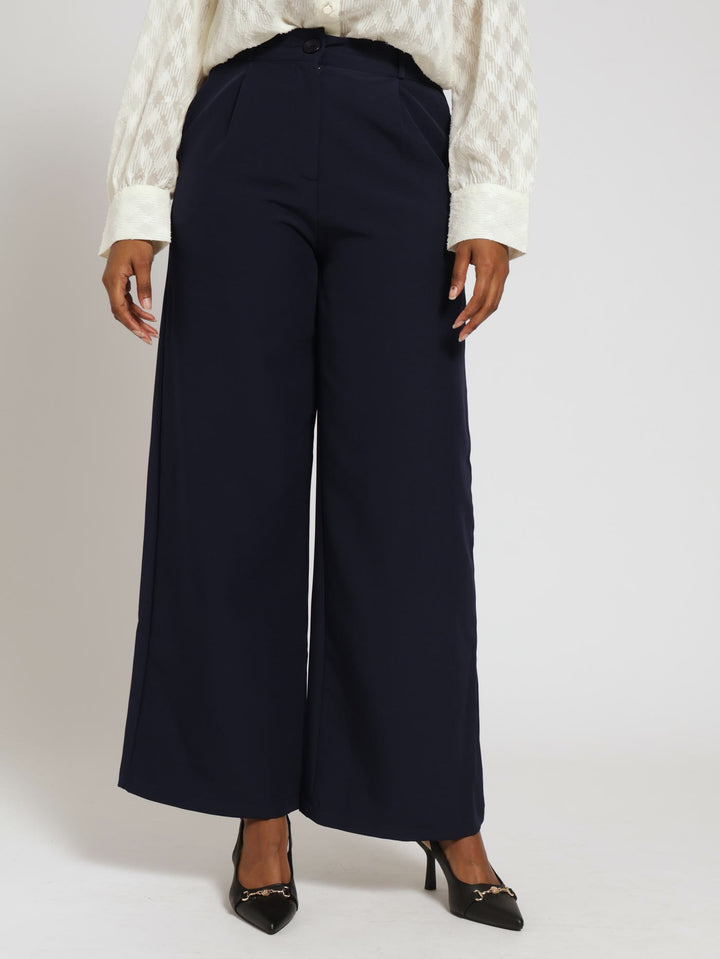 Pleated Wide Leg Formal Pants - Navy