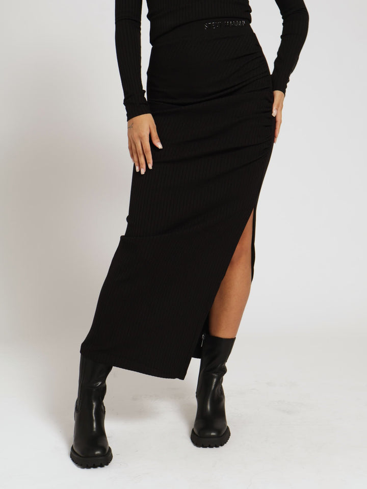 Lauren High Waisted Rib Bodycon Maxi Skirt - Black