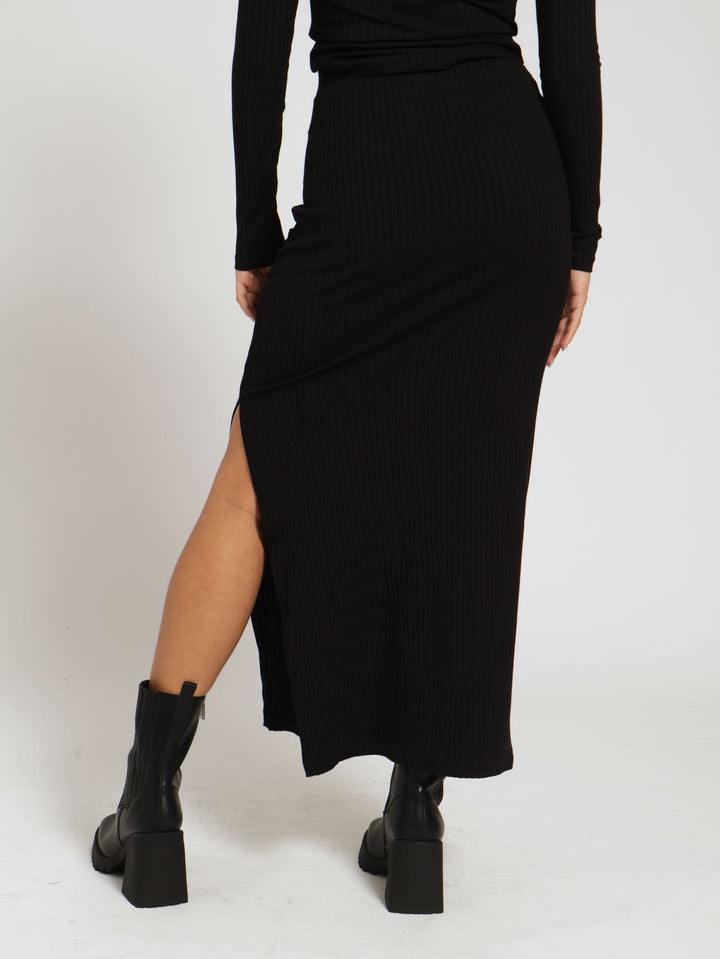 Lauren High Waisted Rib Bodycon Maxi Skirt - Black