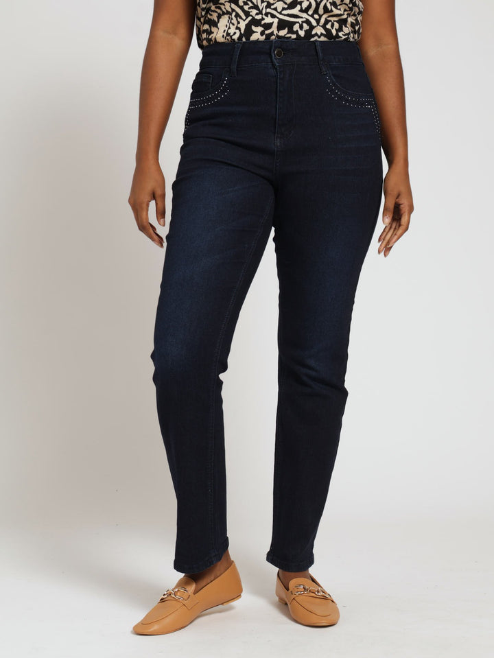 Side Leg Bling Straight Denim Jean - Dark Wash Ink