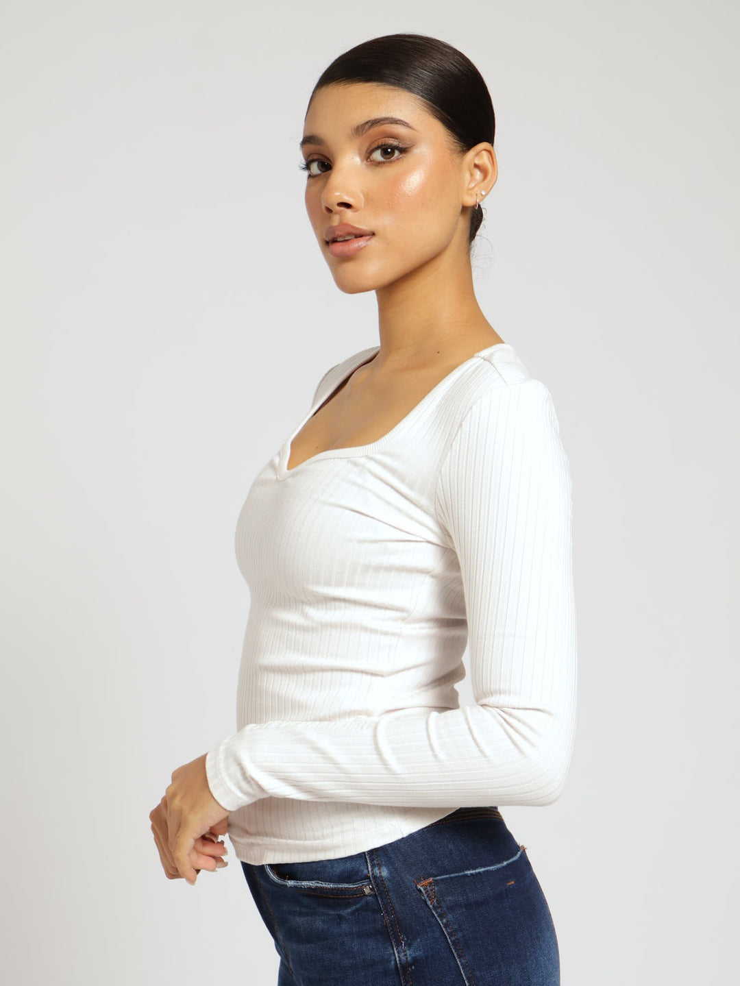 Long Sleeve Gianna Sweetheart Rib Top - Bone