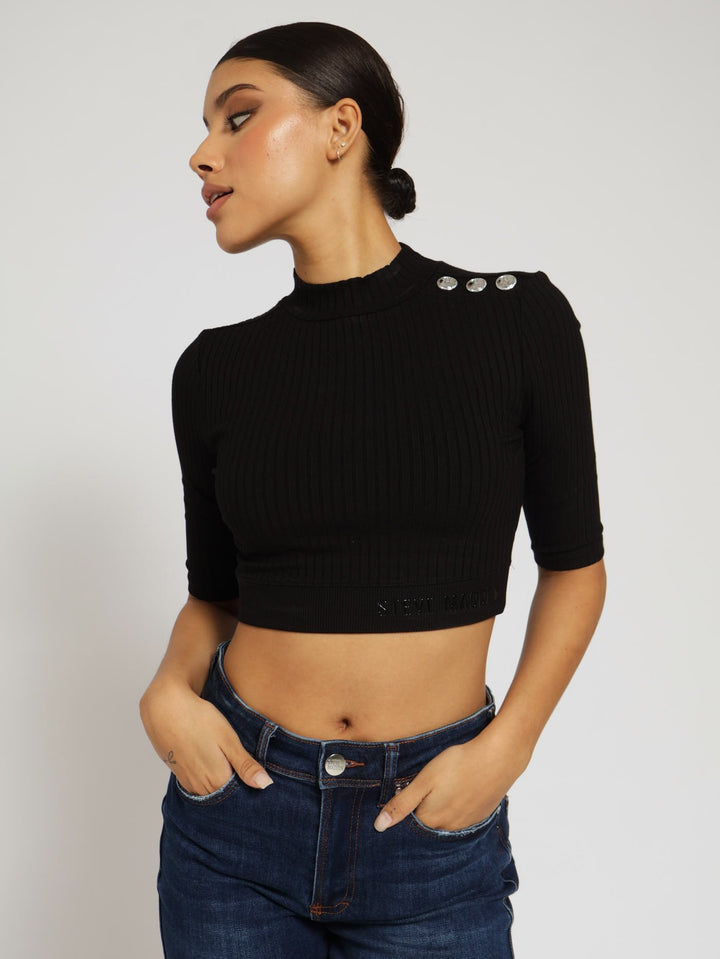 Indya Funnel Neck Rib Crop Top With Logo - Black