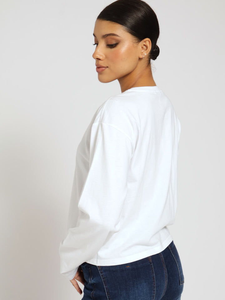 Kim Boxy Long Sleeve Logo Tee - White