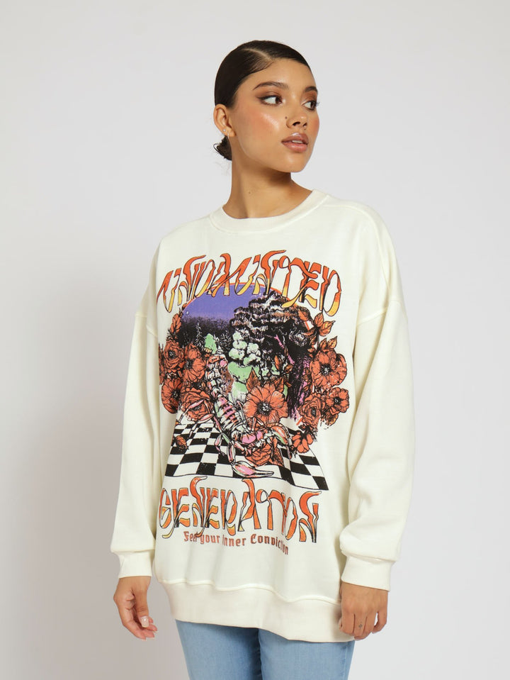 Check Printed Oversized Crew Top - Cream