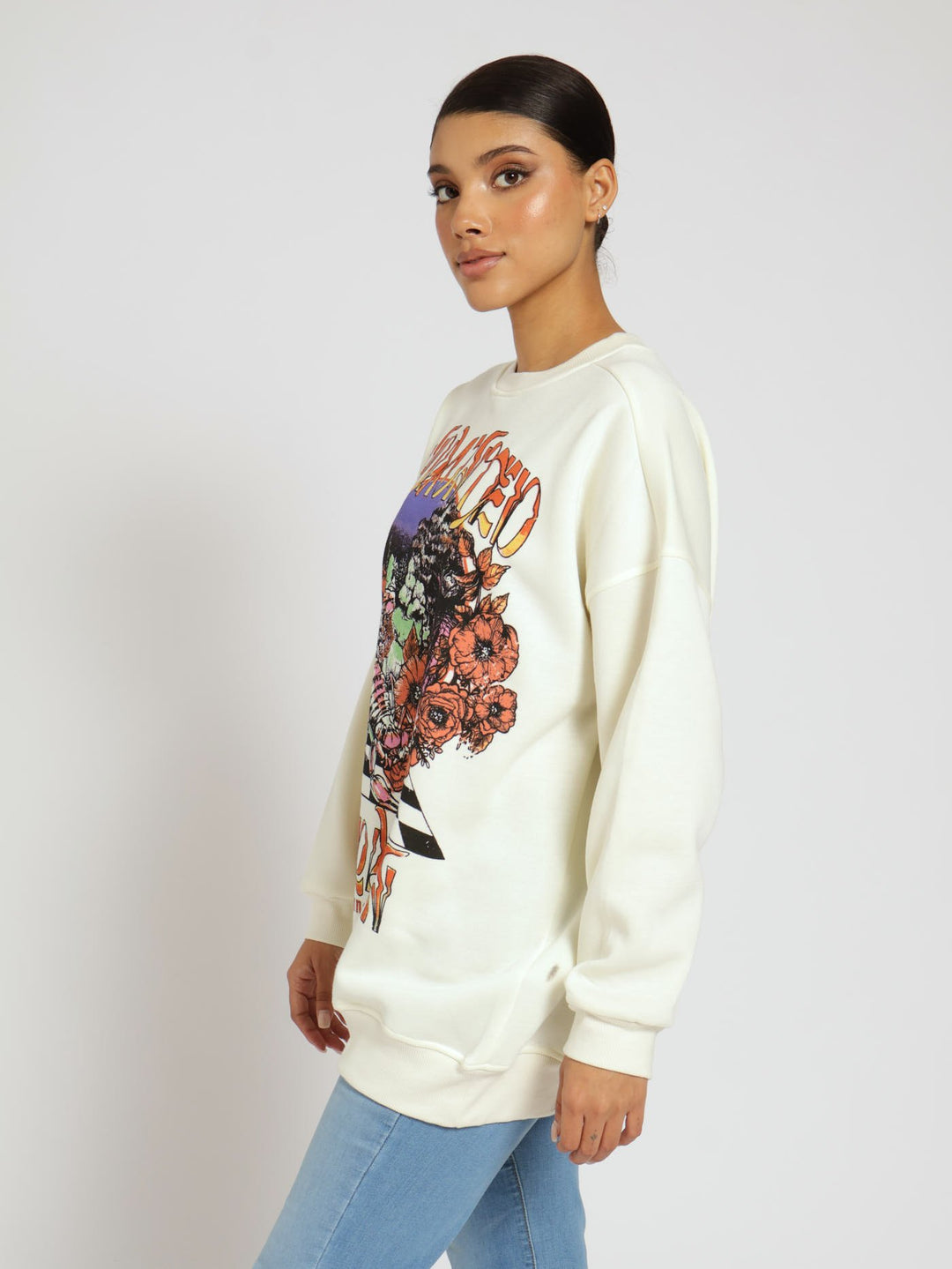 Check Printed Oversized Crew Top - Cream