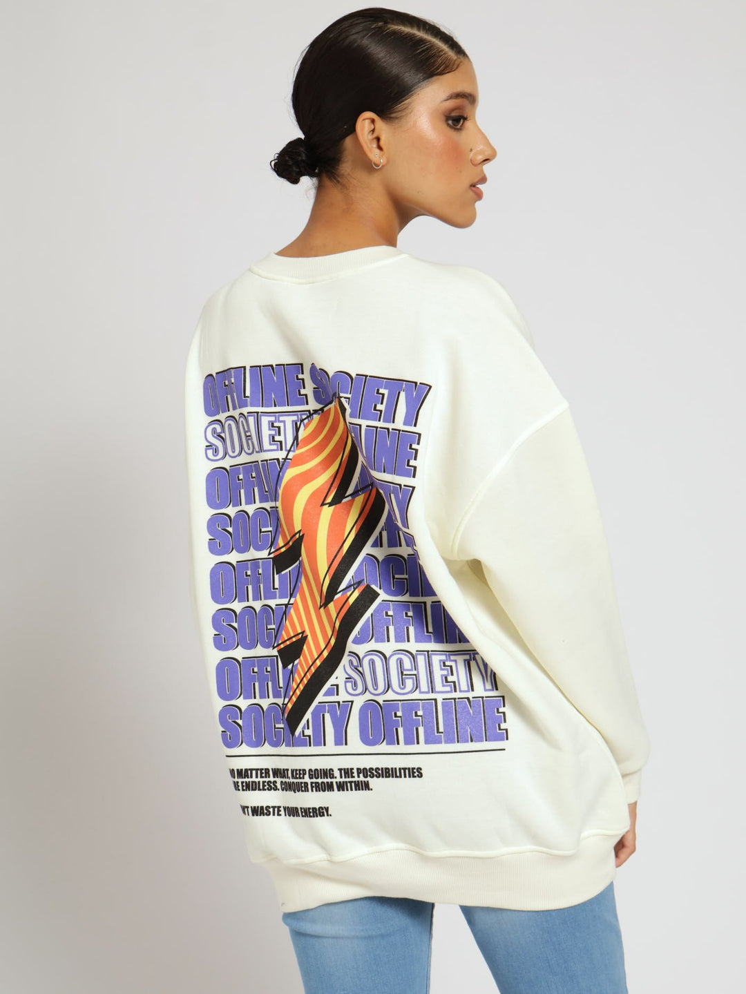 Check Printed Oversized Crew Top - Cream