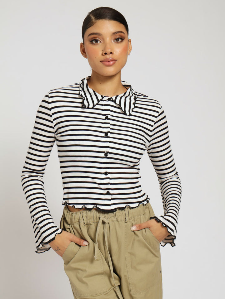 Long Sleeve Stripe Rib Collar Top - Black